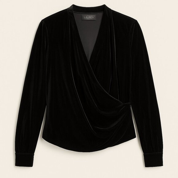 Lauren Ralph Lauren Black Velvet Surplice Pleated Blouse NWT Size 10 Holiday - Picture 3 of 9